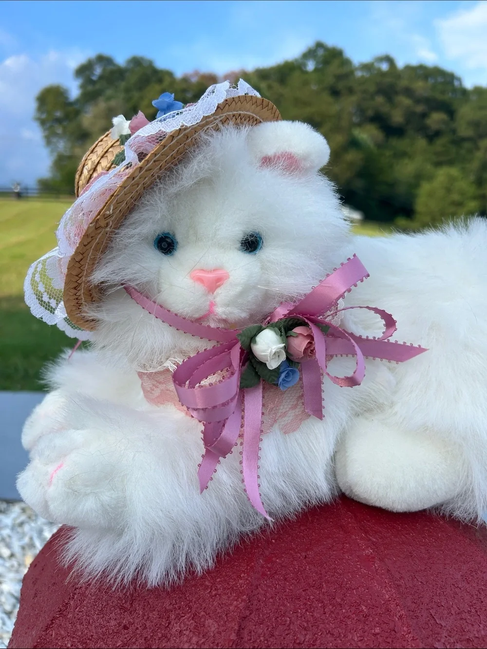 White Plush Cat Toy with Pink Ribbon and Floral Hat